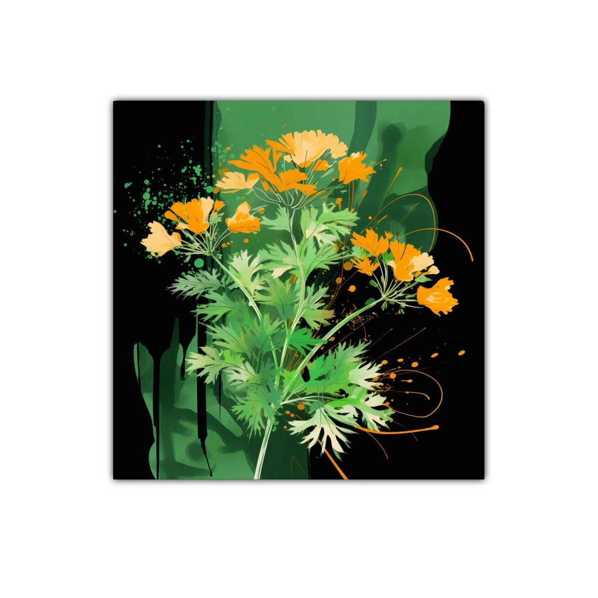 Cuadro decorativo con flores naranjas sobre fondo verde y negro — imagen principal