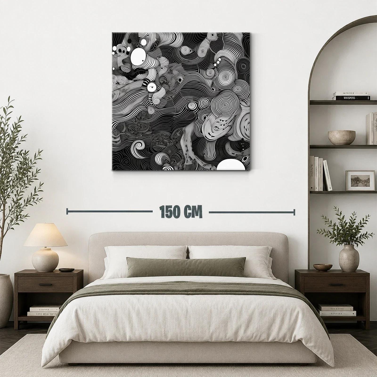 Cuadro abstracto en blanco y negro con líneas onduladas y espirales — miniatura 3