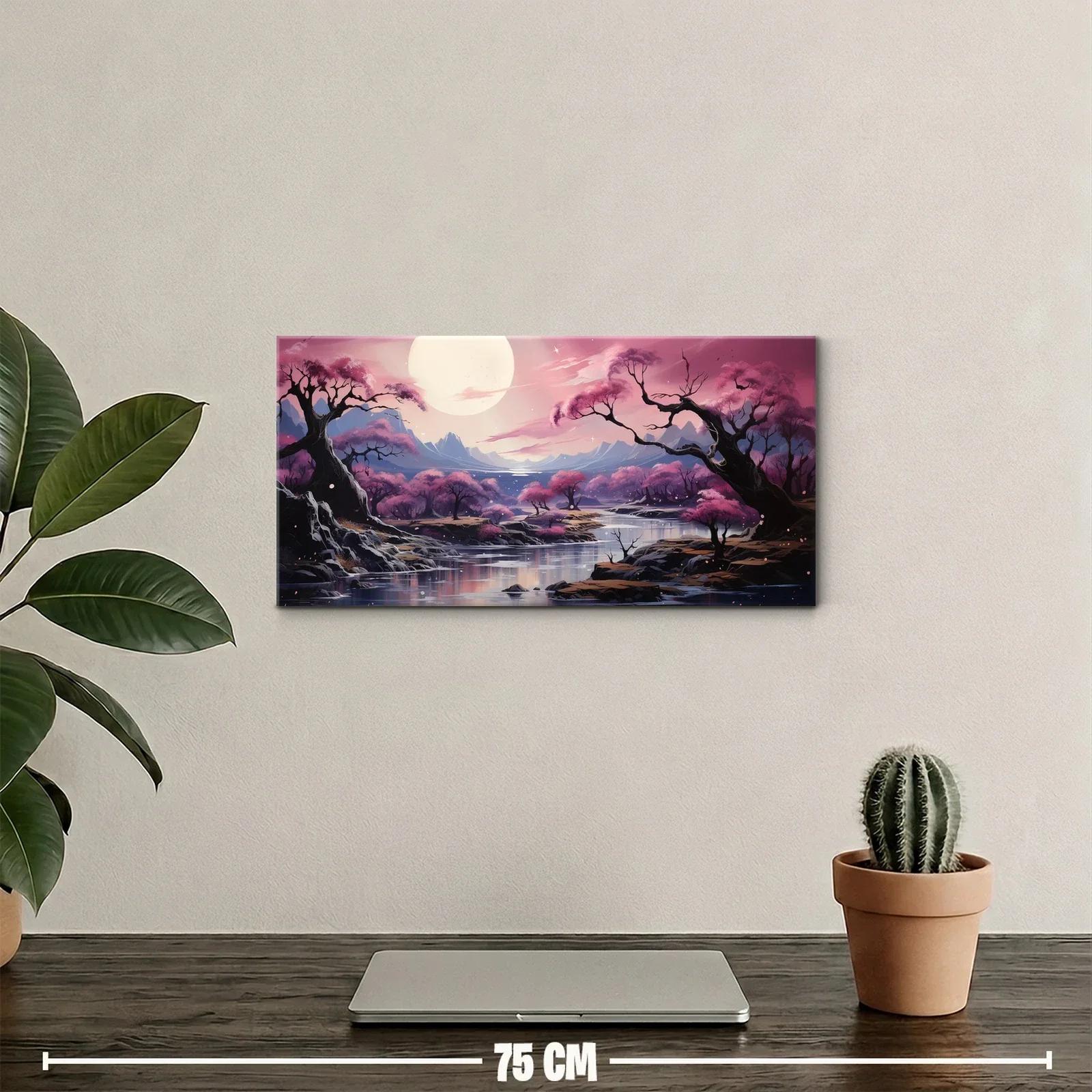 Cuadro paisaje con árboles de flor rosa y luna grande — miniatura 2