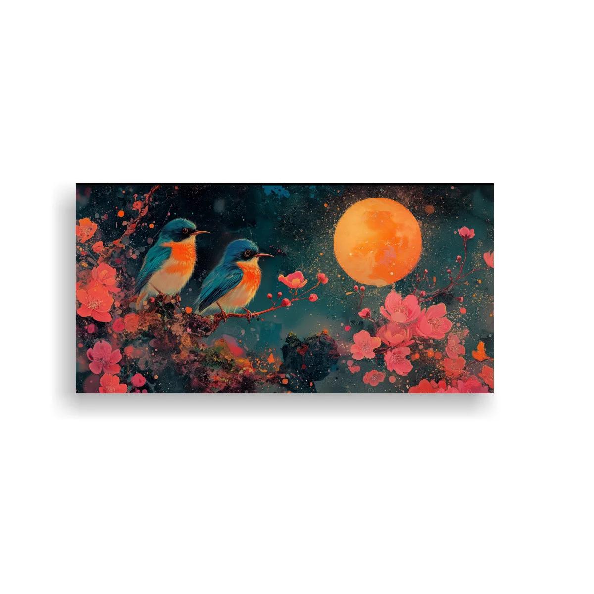 Cuadro pareja de pájaros azules con luna llena brillante