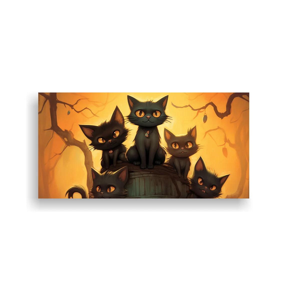 Cuadro cinco gatos negros alrededor de un barril