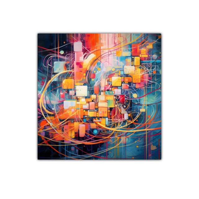 Cuadro abstracto geométrico con vibrantes tonos cálidos y fríos