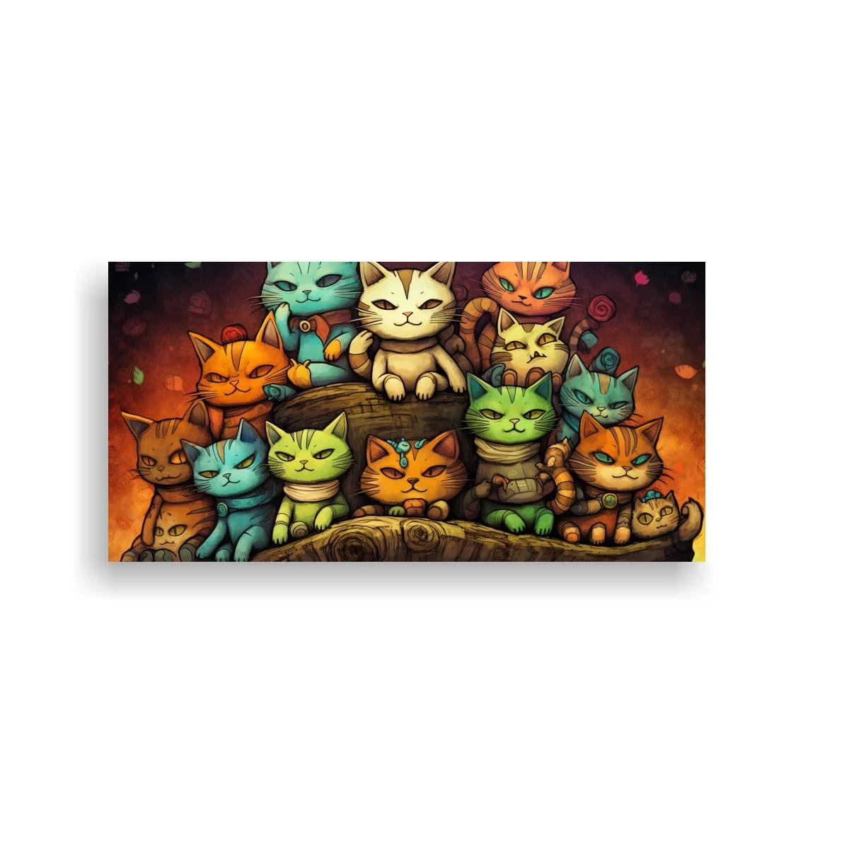 Cuadro grupo de gatos sobre troncos apilados