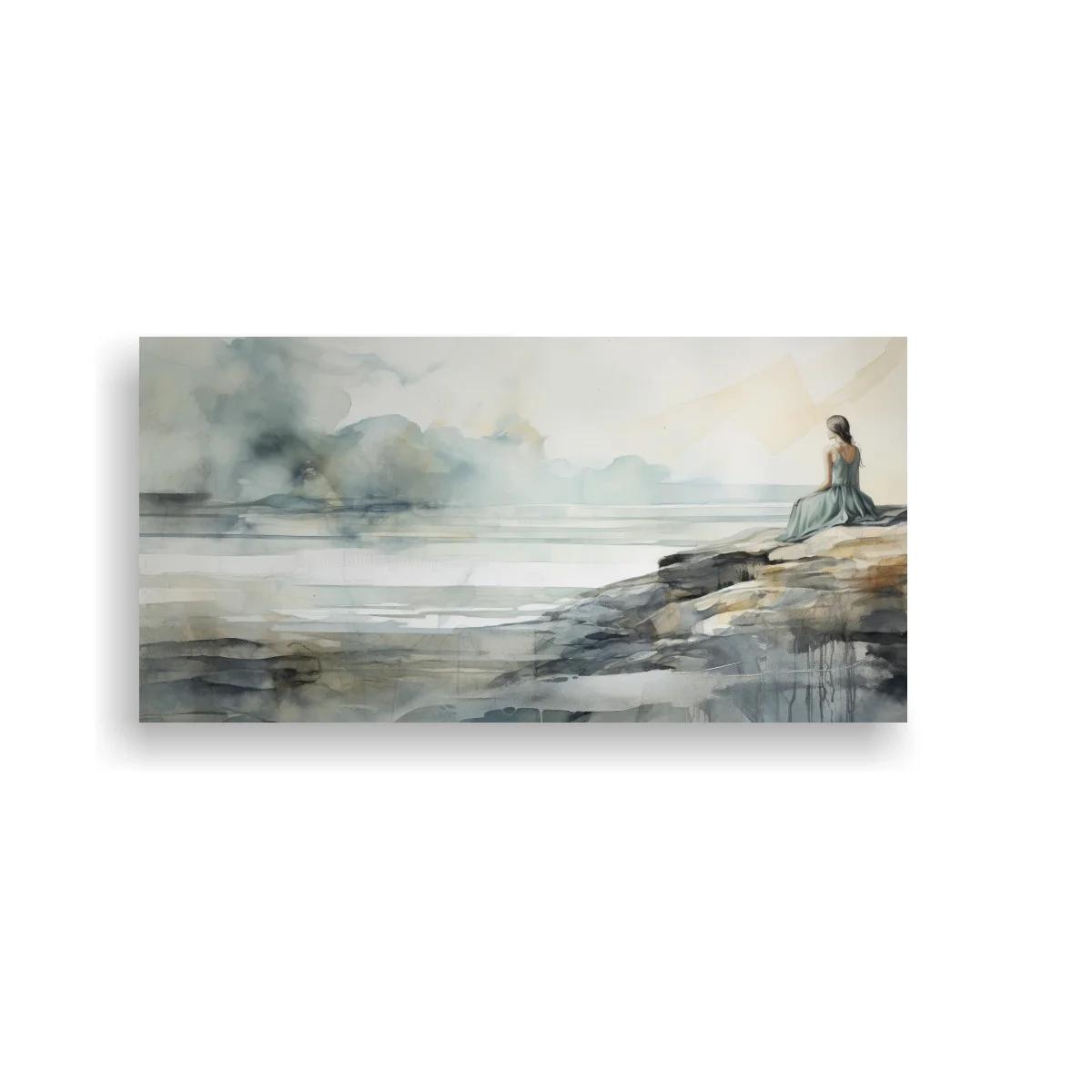 Cuadro mujer sentada junto al mar en paisaje amplio