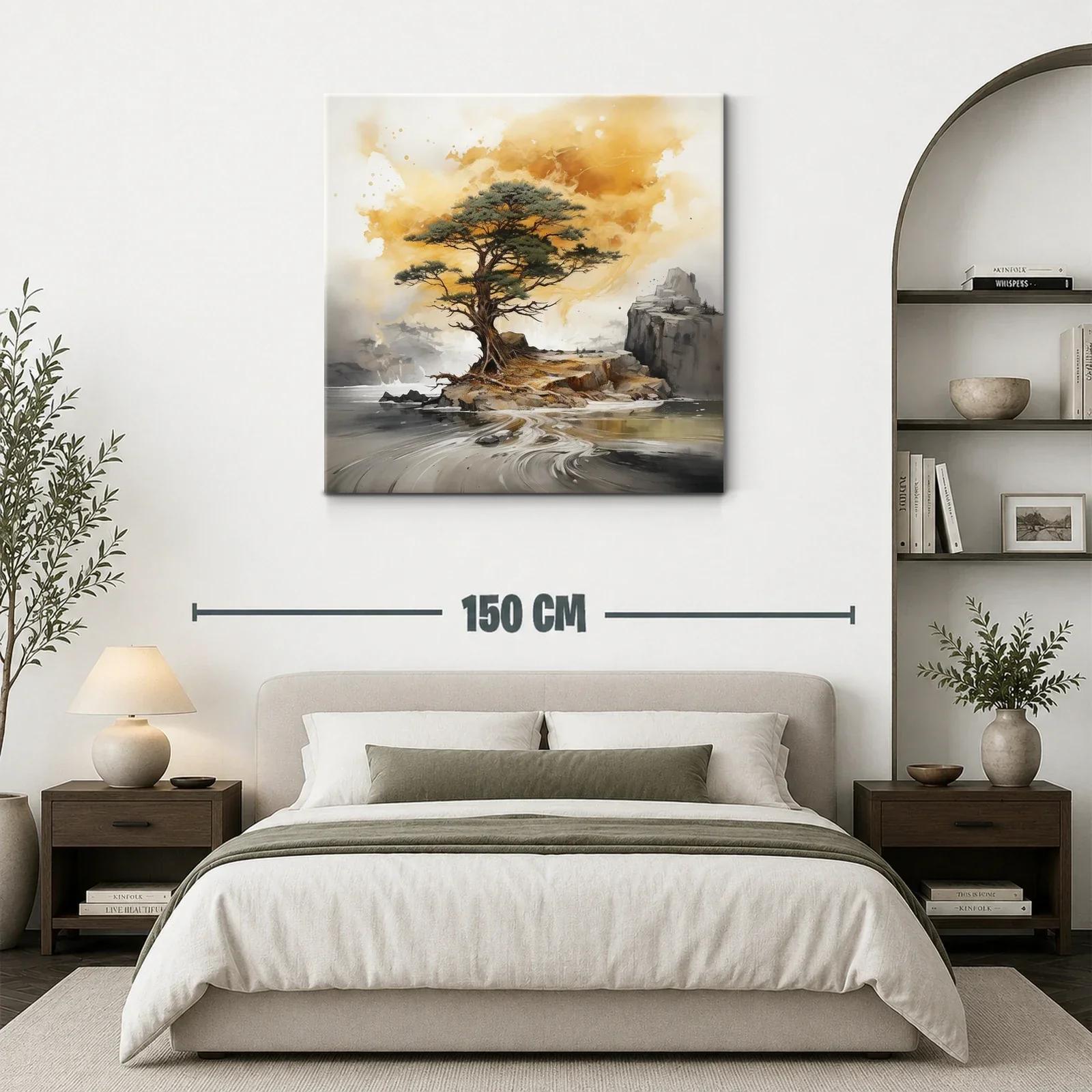 Árbol solitario sobre isla en paisaje sereno y cálido — miniatura 3