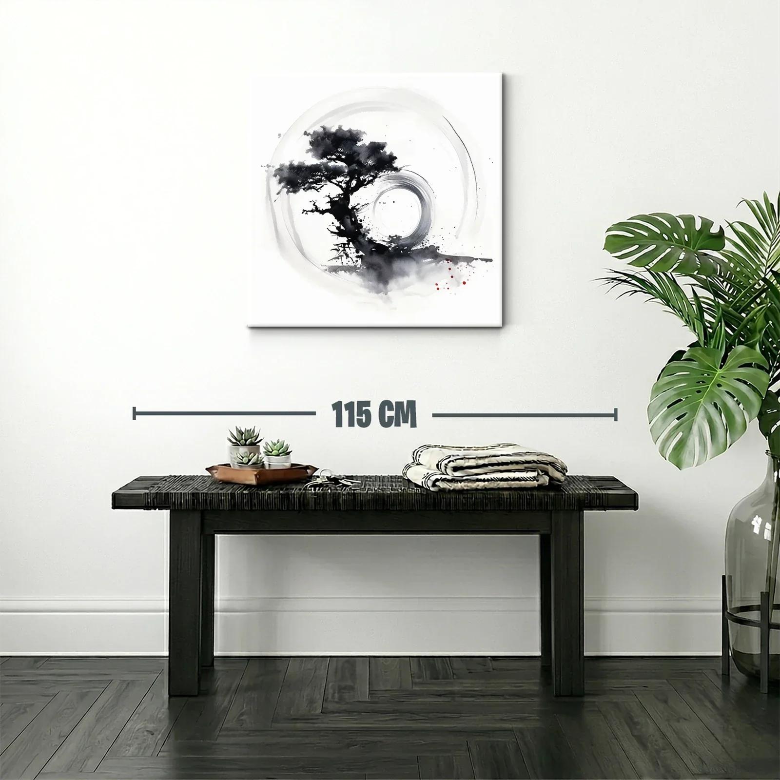 Cuadro árbol zen con círculo en tinta monocroma — miniatura 2
