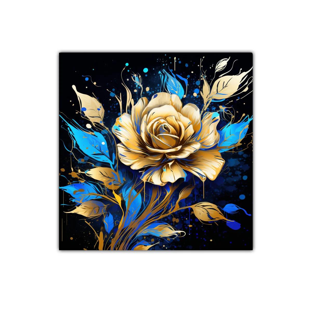 Rosa dorada con hojas azules sobre fondo oscuro — imagen principal