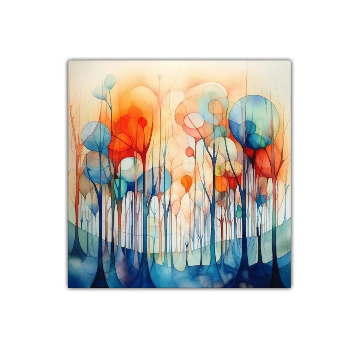 Bosque abstracto en tonos cálidos y fríos vibrantes — imagen principal