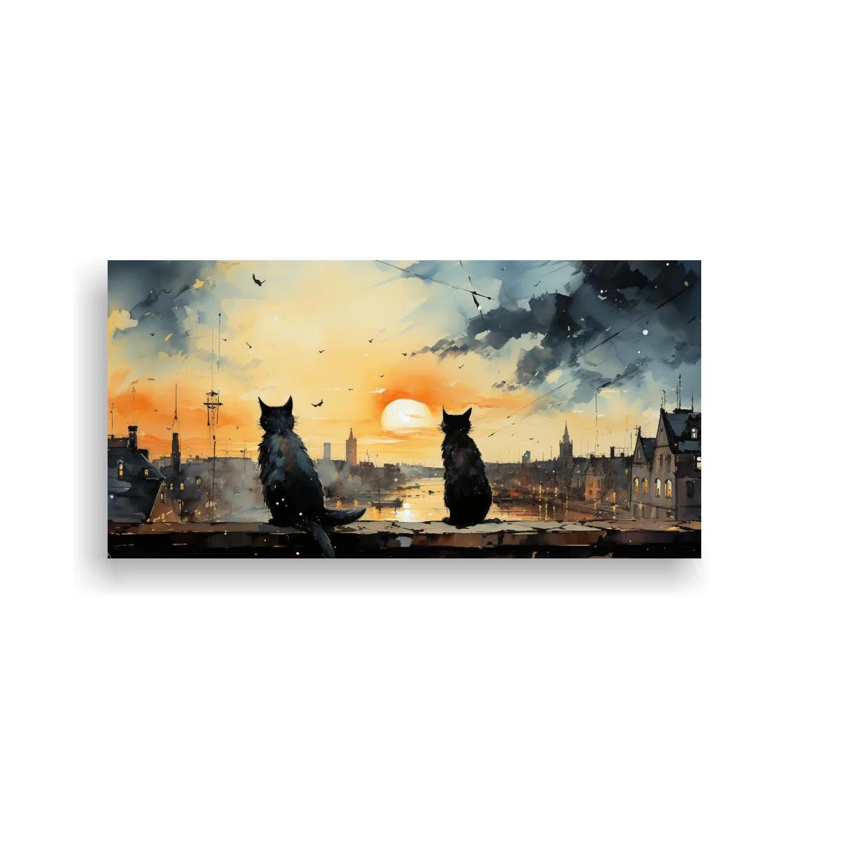 Cuadro dos gatos negros frente al atardecer urbano — imagen principal