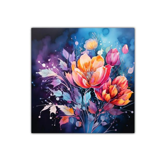 Ramo vibrante de flores en tonos cálidos y fondo azul