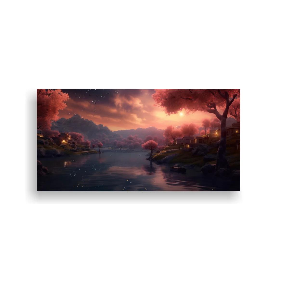 Cuadro paisaje de lago al atardecer con cielo reflejado