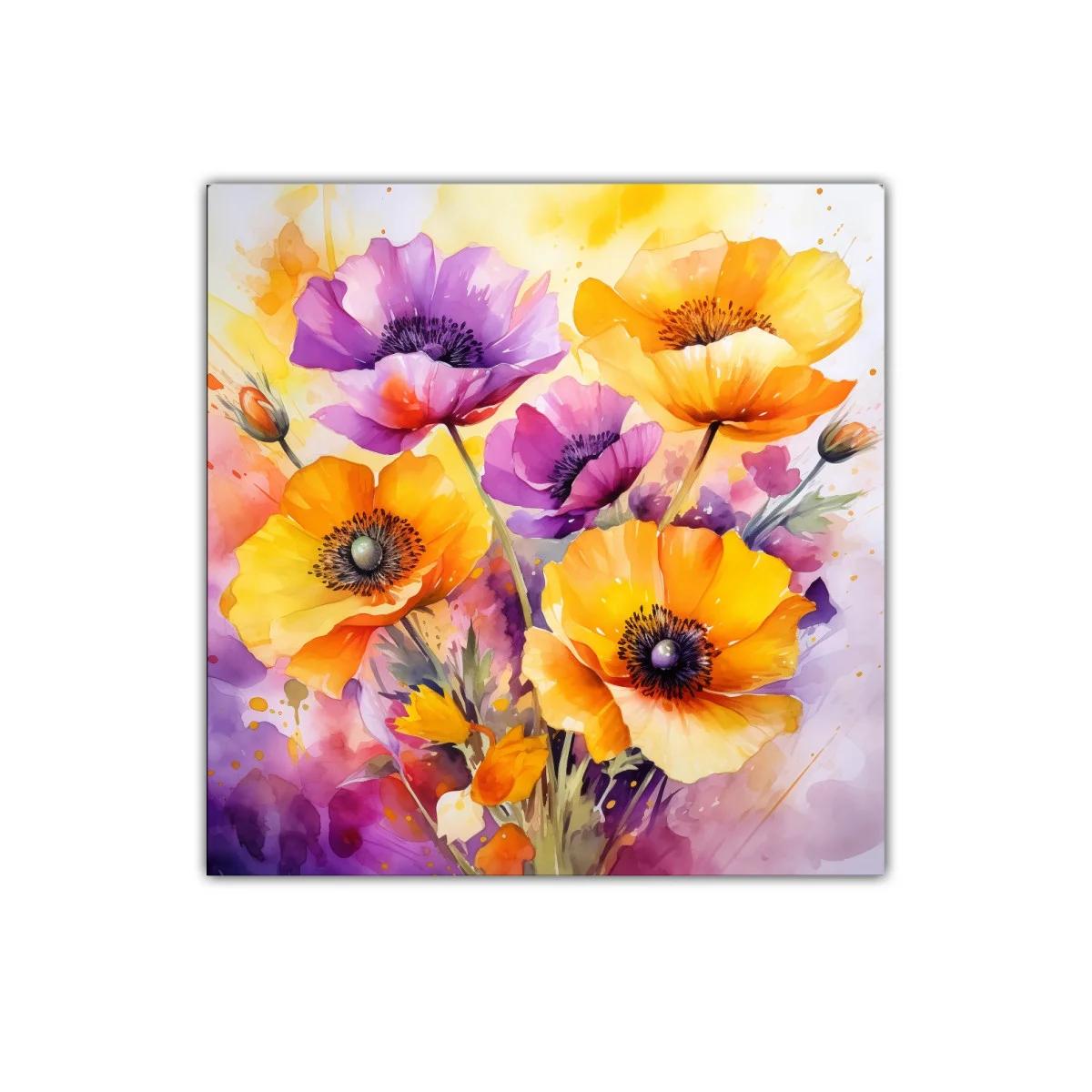 Cuadro floral vibrante con flores en tonos cálidos y lilas