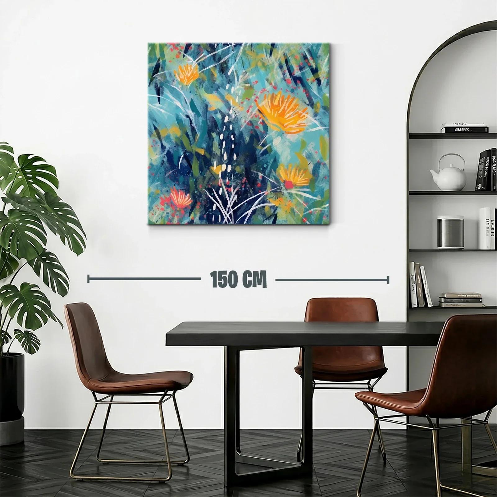 Cuadro abstracto floral en tonos azules y naranjas vivos — miniatura 2