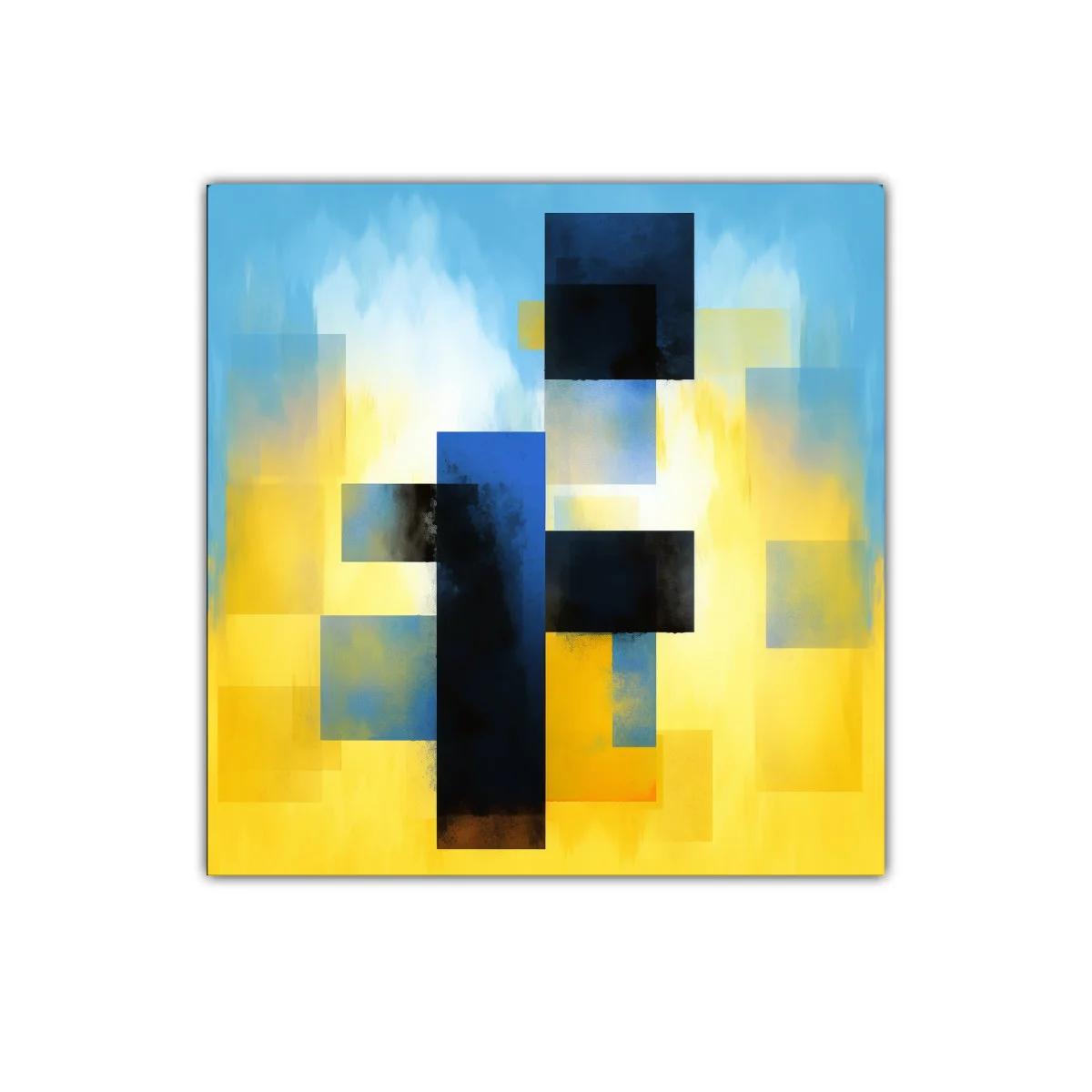 Cuadro abstracto con bloques y degradados en azul y amarillo