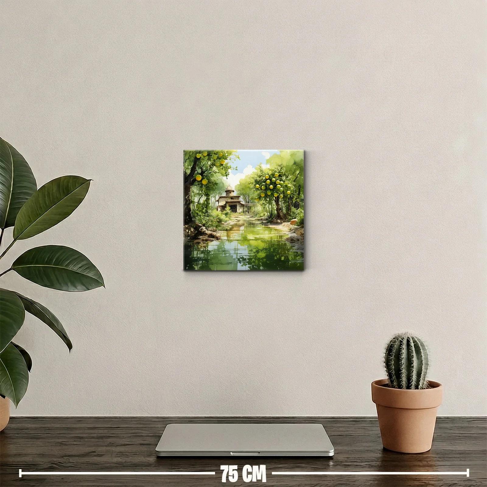 Paisaje sereno con casa y árboles frutales junto al río — miniatura 2