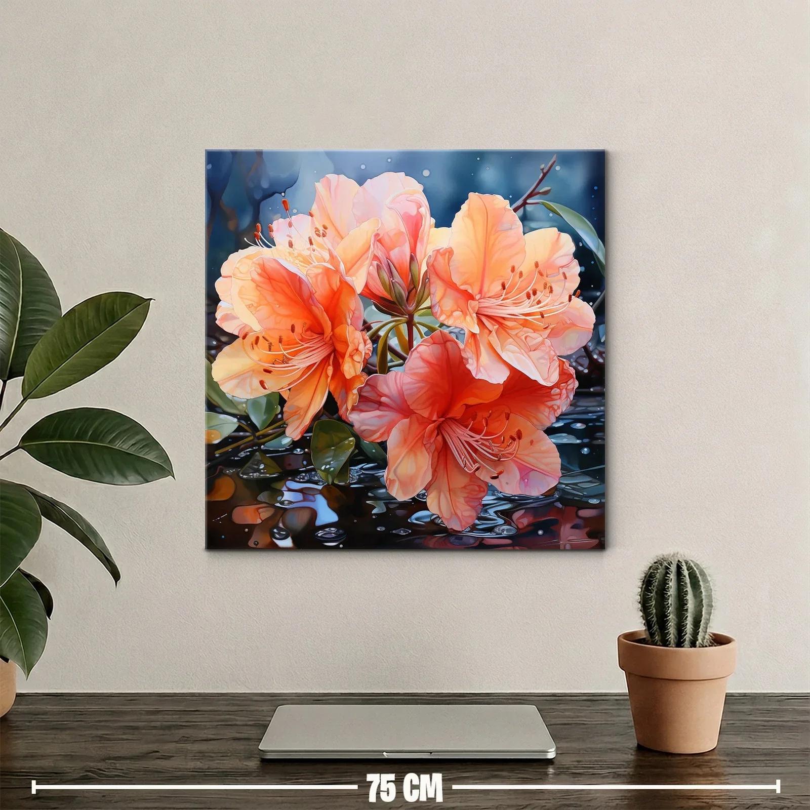 Cuadro vibrante con flores naranjas y reflejos acuáticos — miniatura 2