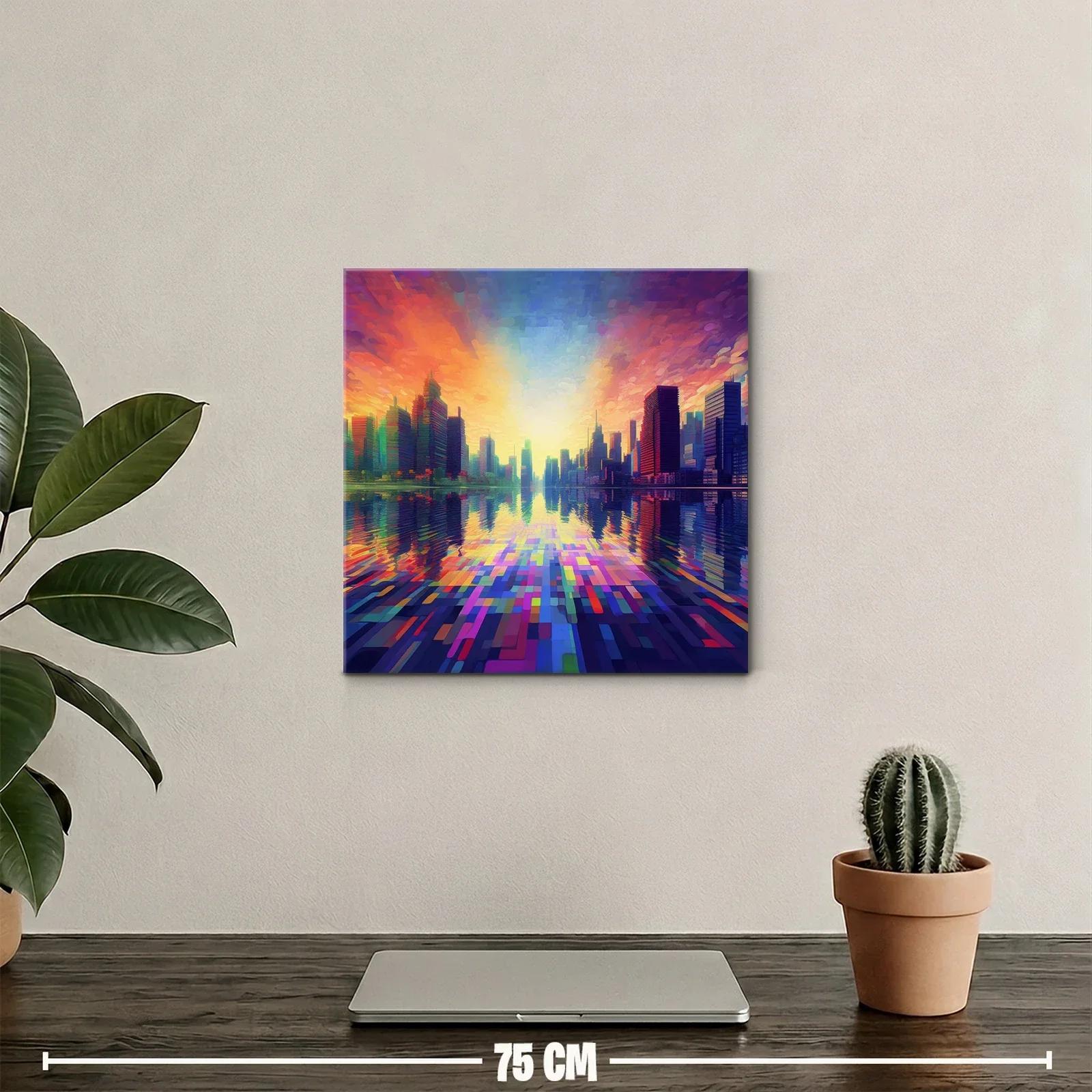 Atardecer vibrante en ciudad reflejada sobre agua — miniatura 2