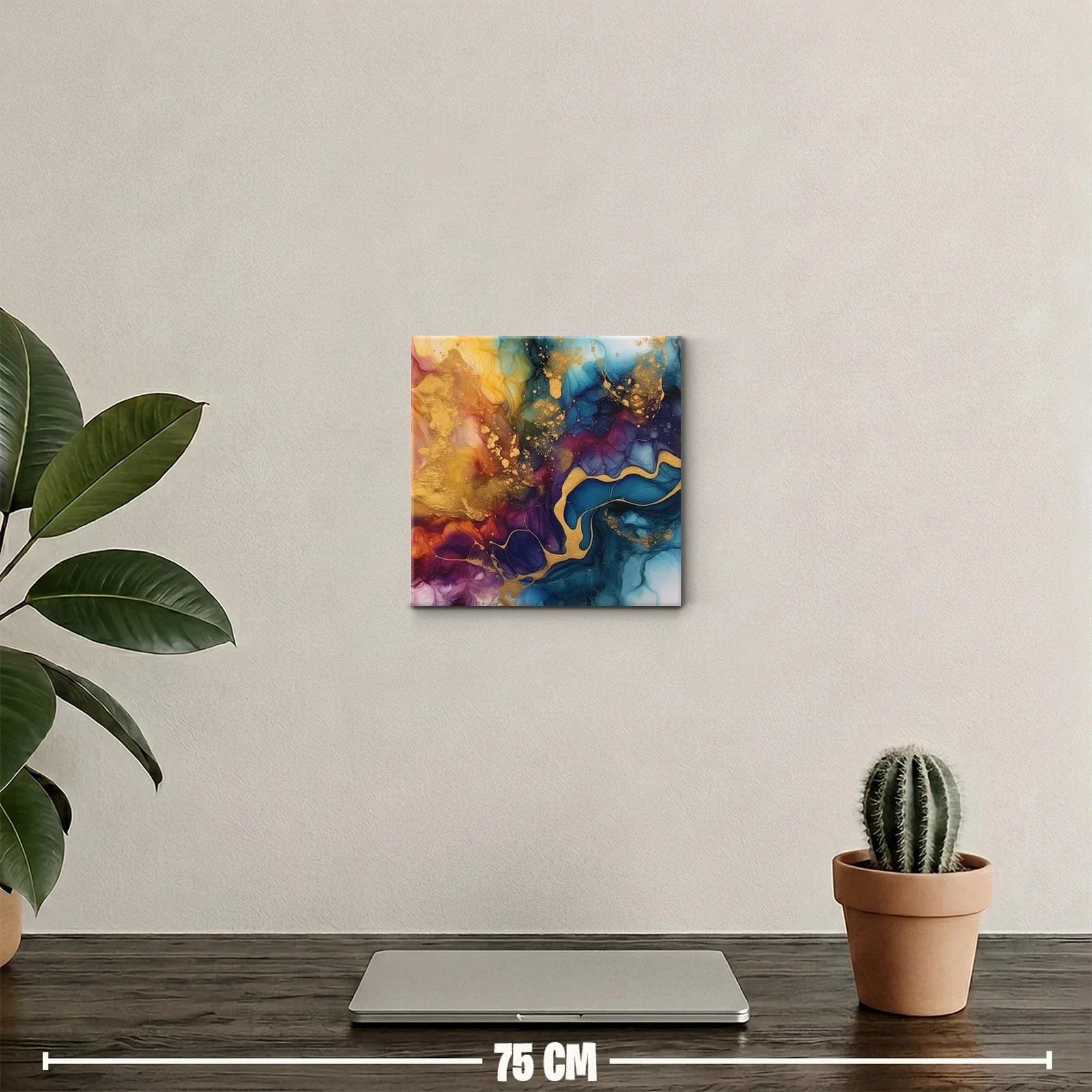 Cuadro abstracto con tonos dorados y azulados vibrantes — miniatura 2