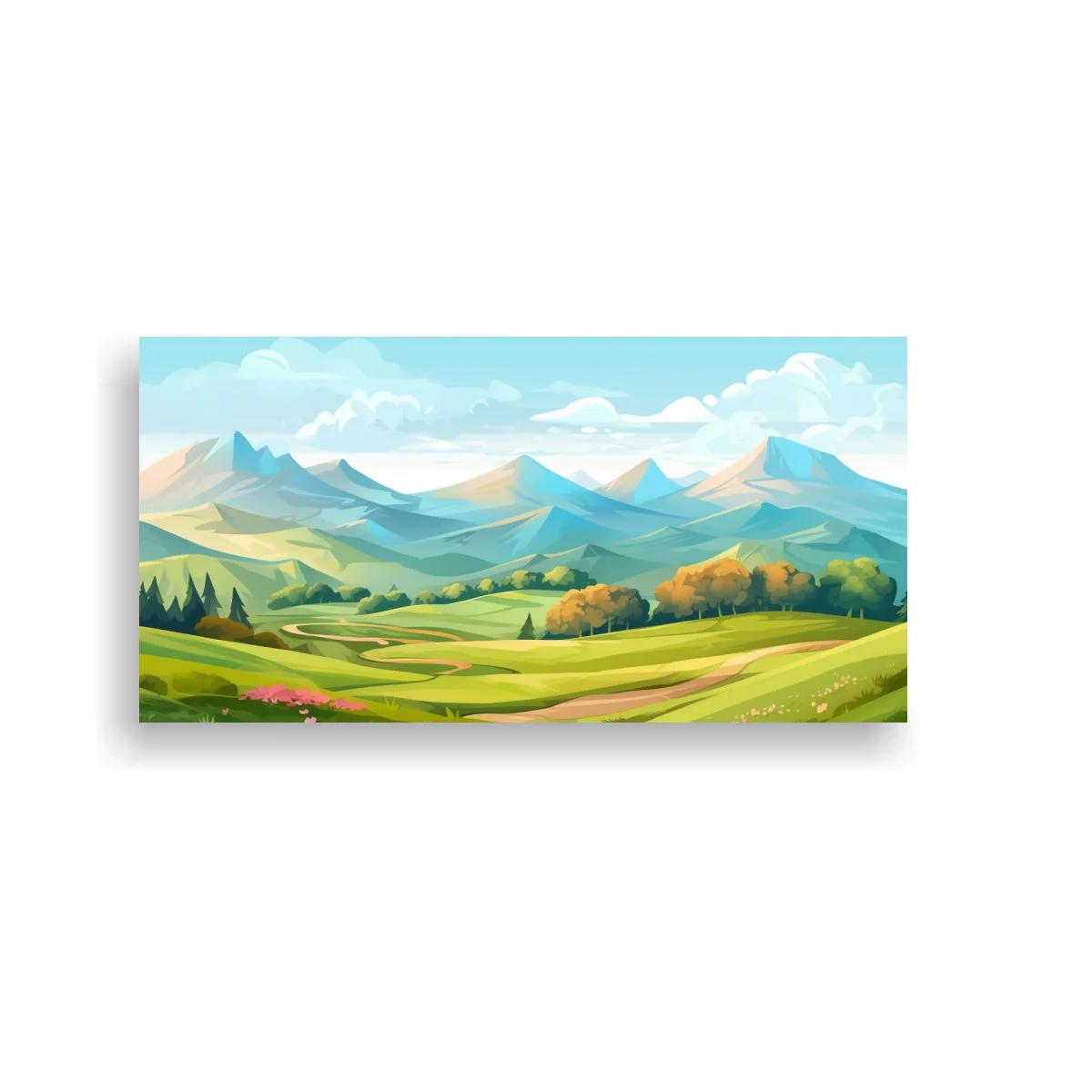 Cuadro paisaje de montañas con pradera florida