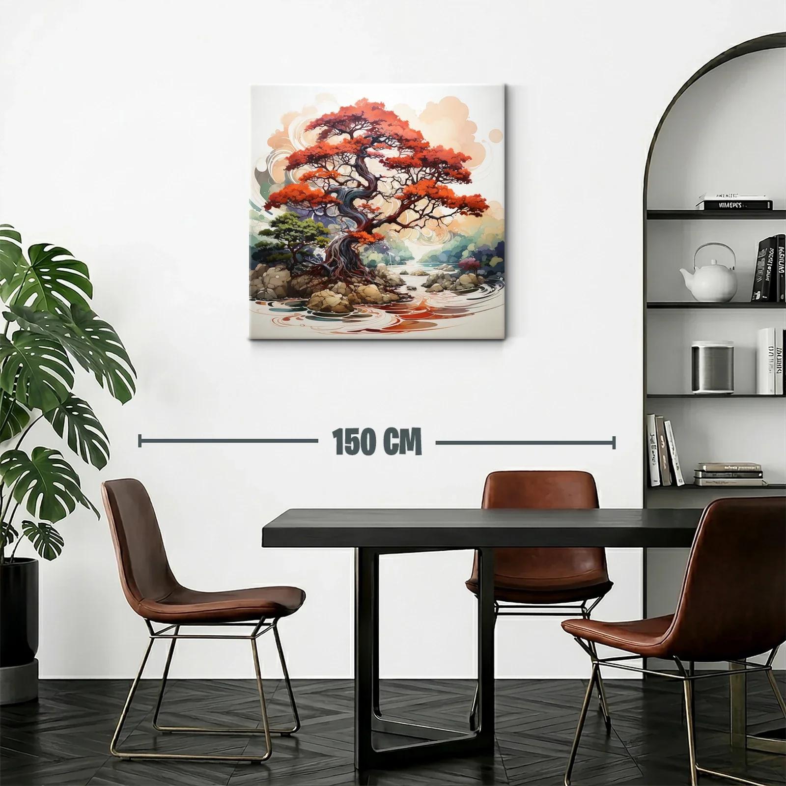 Árbol rojo sobre río con rocas y paisaje sereno — miniatura 2