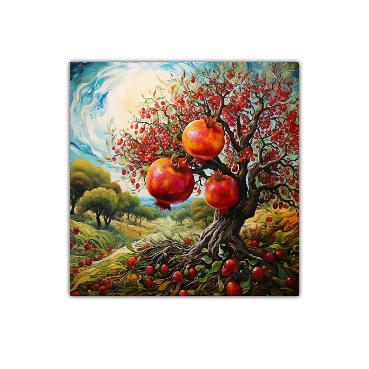 Cuadro vibrante con árbol de granadas en paisaje surrealista — miniatura 1