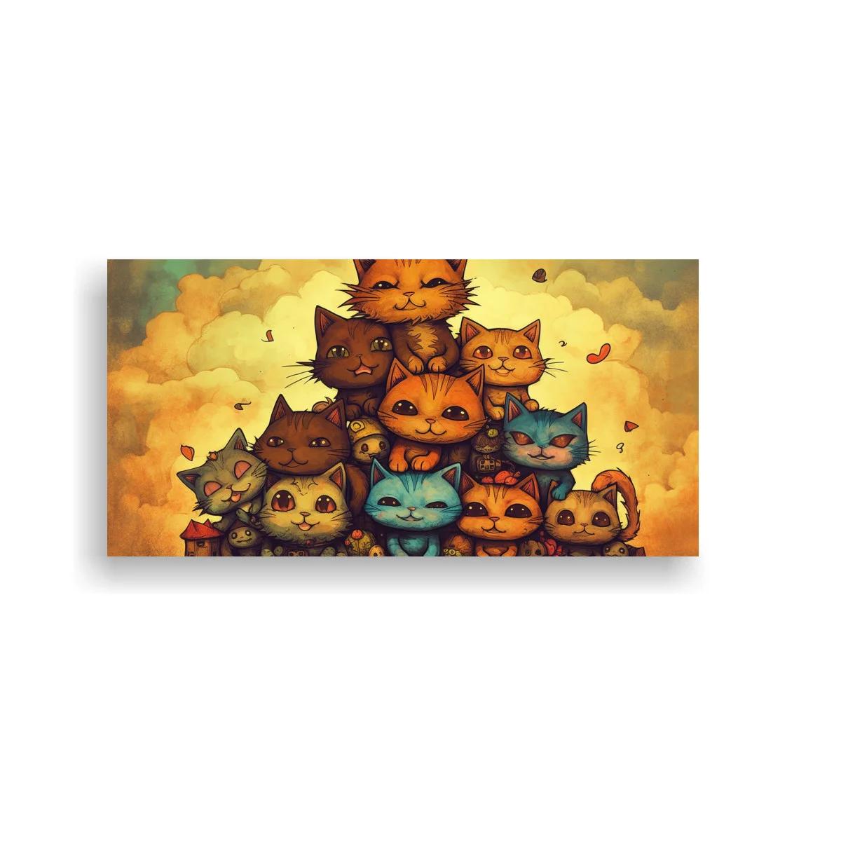 Cuadro grupo de gatos caricaturescos con nubes cálidas