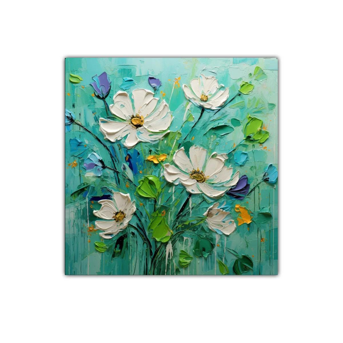 Cuadro decorativo con ramo de flores blancas y verdes vibrantes