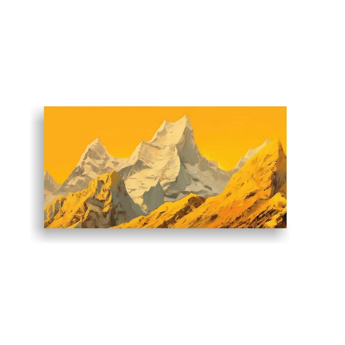 Cuadro cordillera montañosa nevada con cielo amarillo intenso