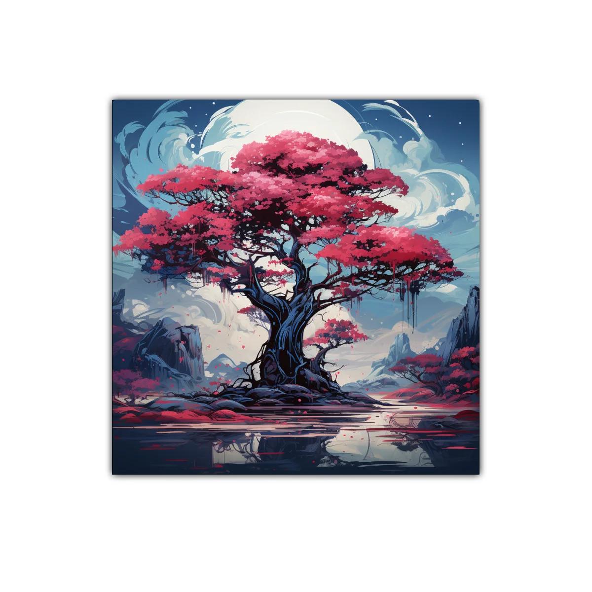 Árbol mágico con flores rosas bajo luna brillante — imagen principal