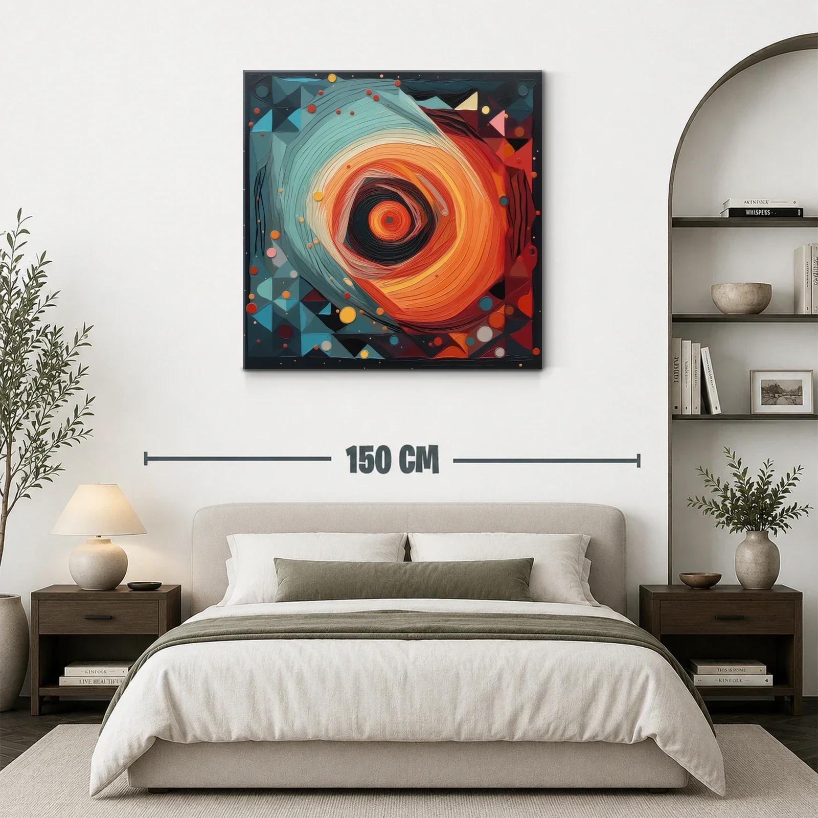 Cuadro abstracto con movimiento circular en tonos cálidos y fríos — miniatura 3