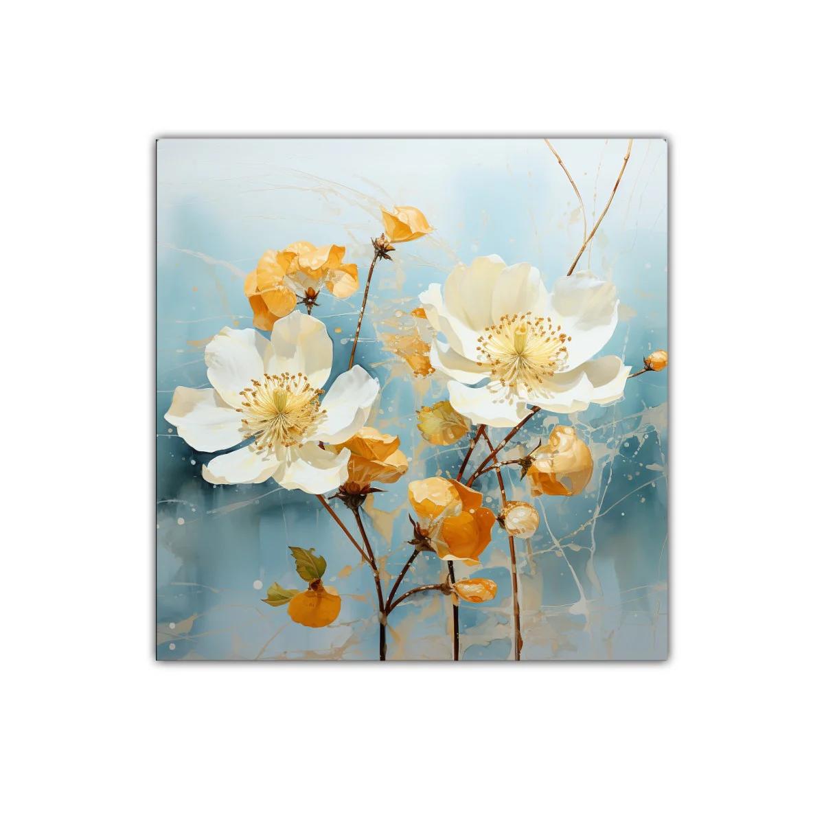 Cuadro con flores blancas y tonos cálidos sobre fondo azul — imagen principal