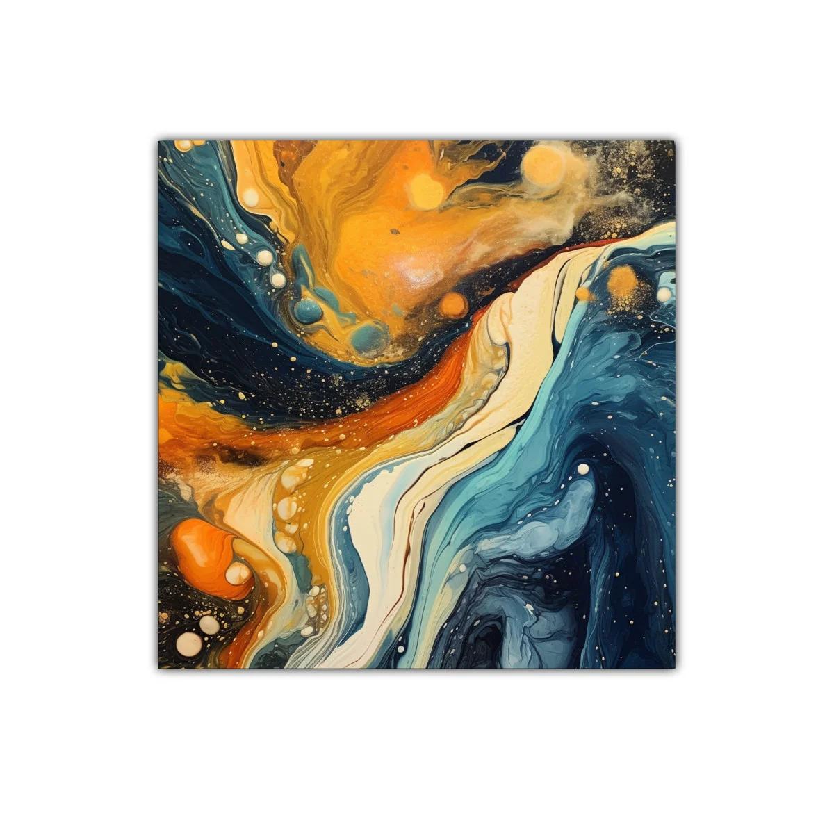 Cuadro abstracto con tonos cálidos y fríos en movimiento dinámico