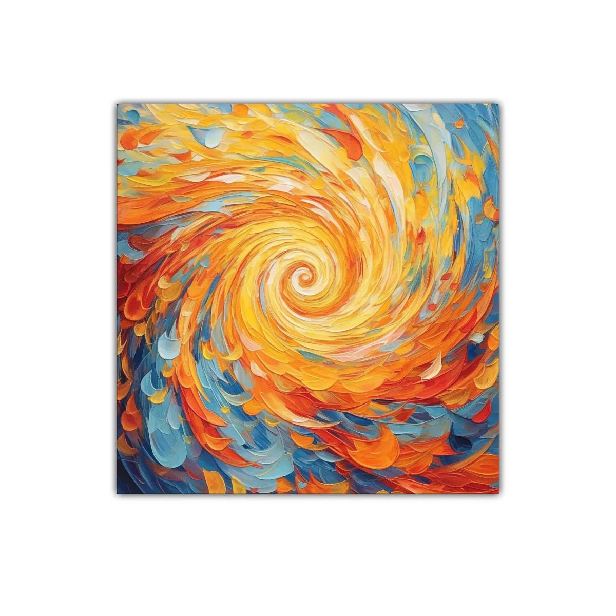 Cuadro abstracto con remolino de colores cálidos y fríos