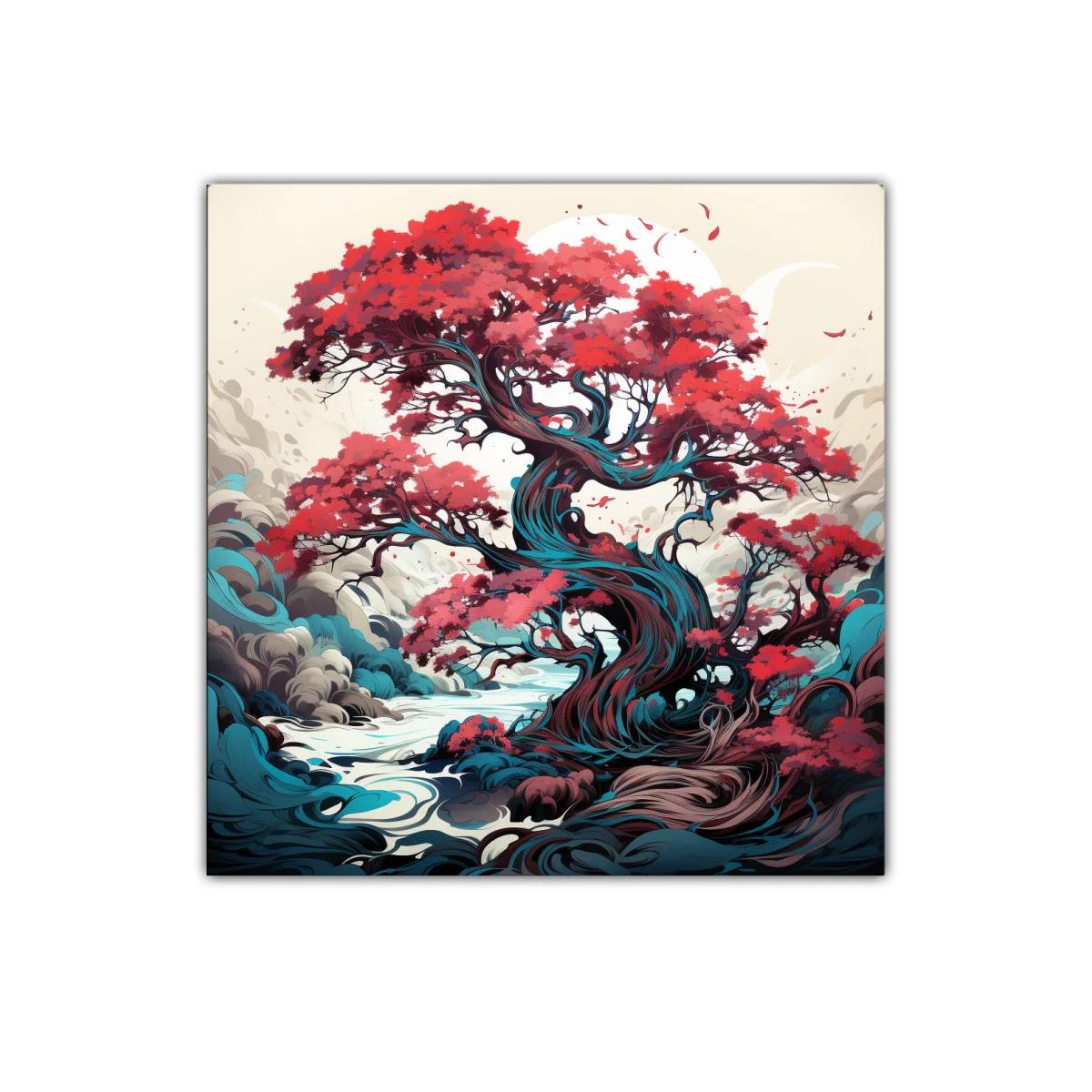 Árbol mágico con vibrantes hojas rojas y fondo onírico — imagen principal