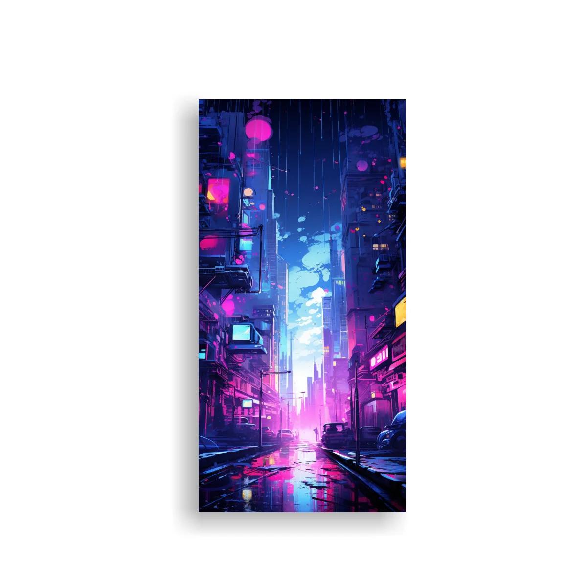 Cuadro calle urbana futurista de neón en rosas y azules