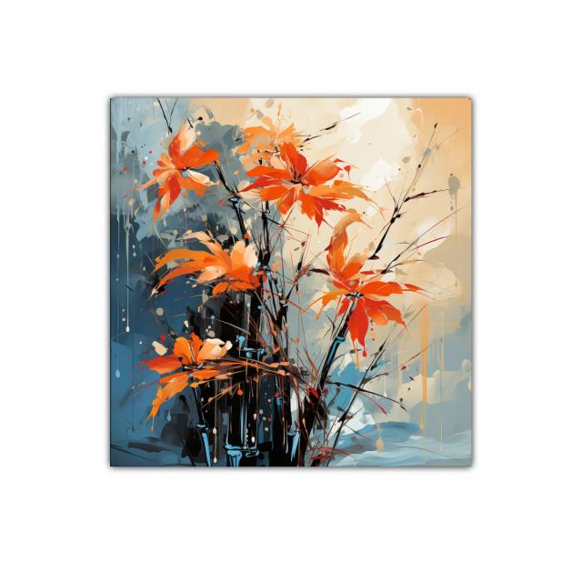 Cuadro floral con flores vibrantes en tonos anaranjados y azulados