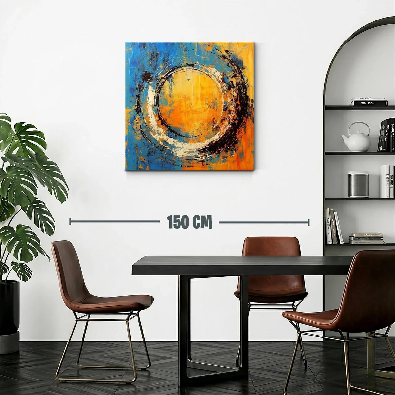 Cuadro abstracto con círculo dinámico en tonos cálidos y fríos — miniatura 2