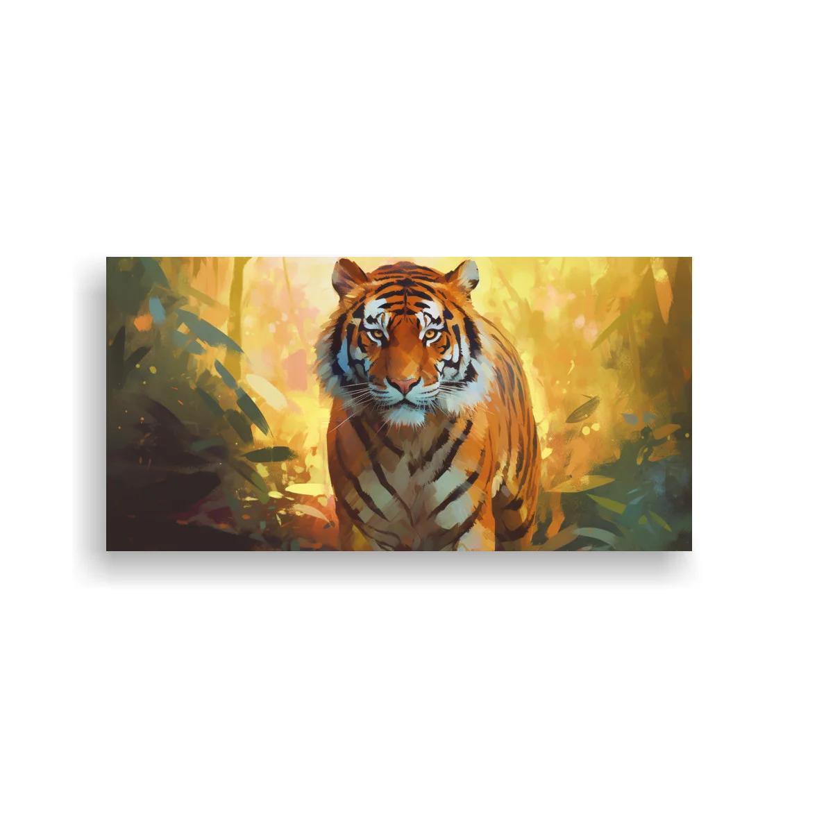Cuadro tigre entre vegetación y luz dorada