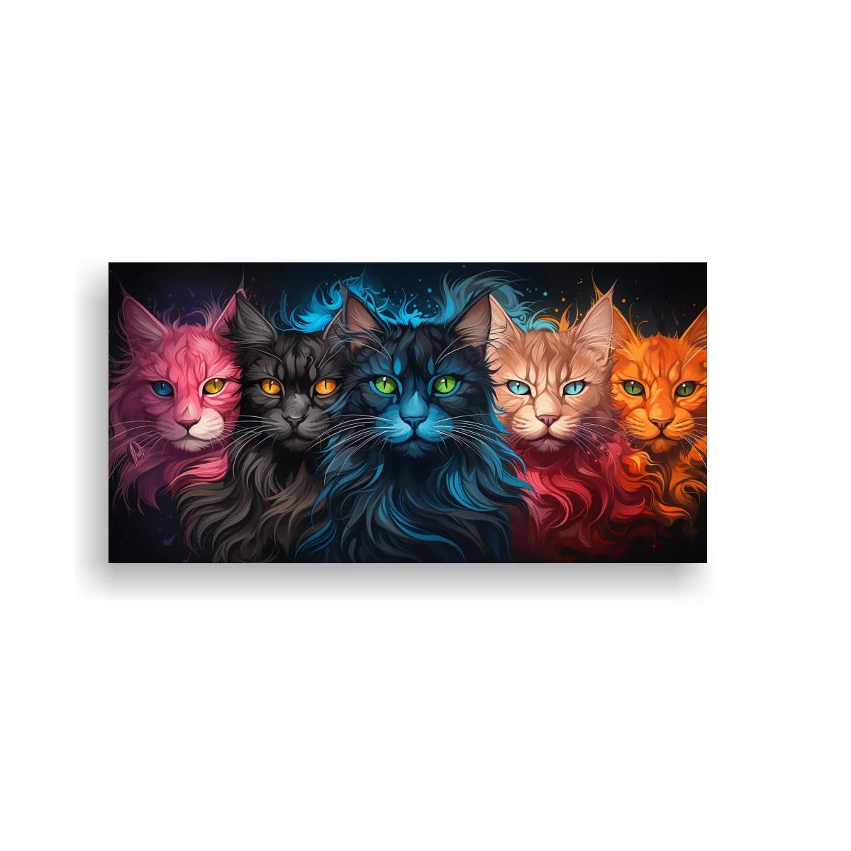 Cuadro cinco gatos de colores con brillo neón
