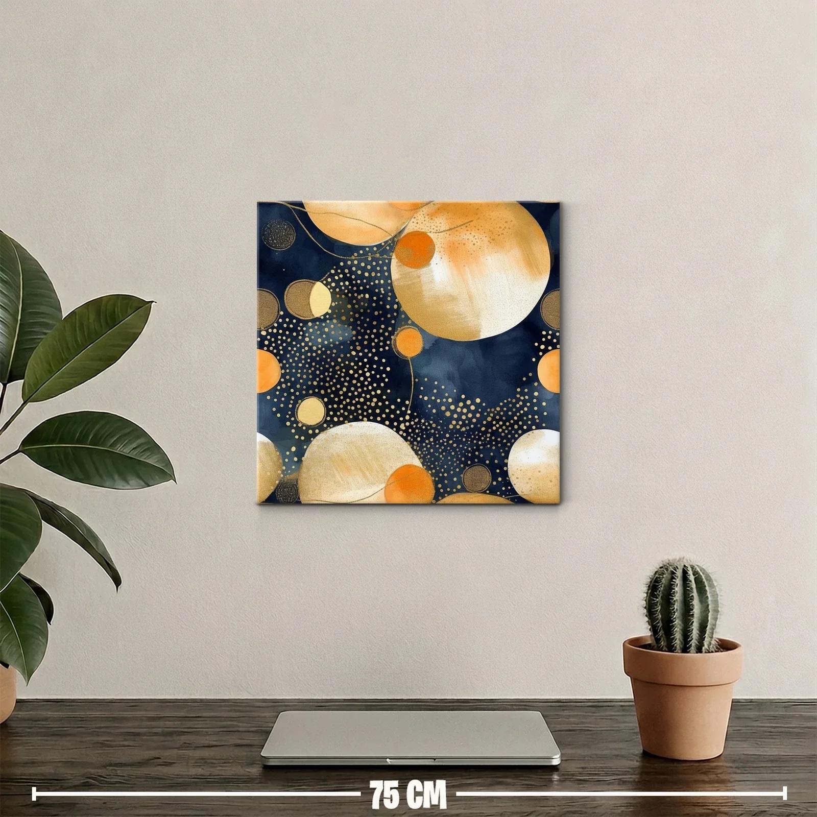Cuadro abstracto con esferas doradas y azul profundo — miniatura 2