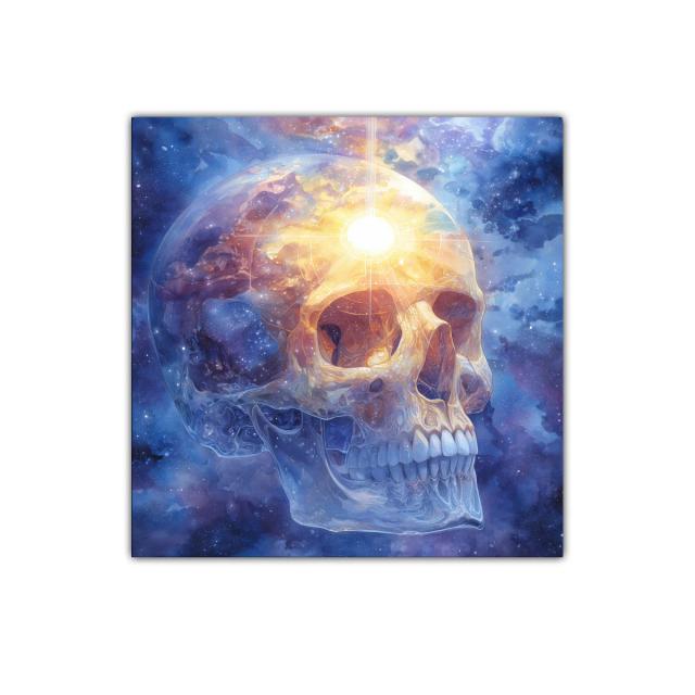 Calavera luminosa en universo cósmico vibrante