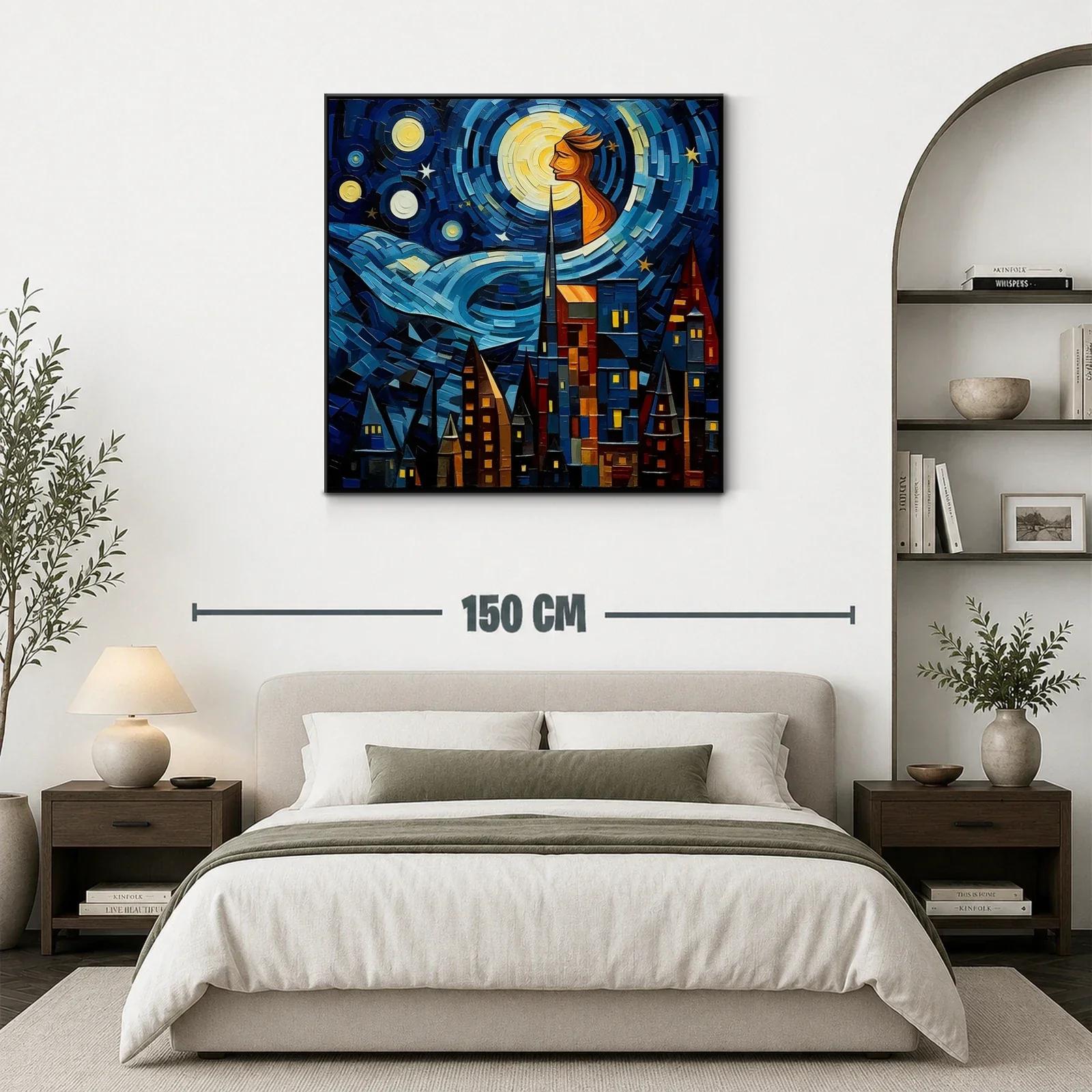 Paisaje urbano bajo un cielo estrellado con figura luminosa — miniatura 3