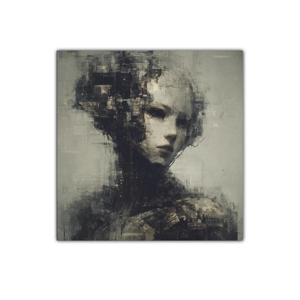 Retrato abstracto en tonos grises con detalles mecánicos — imagen principal