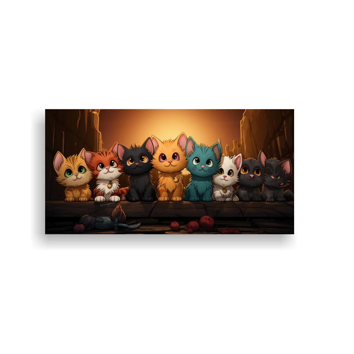 Cuadro fila de gatitos con brillo cálido posterior