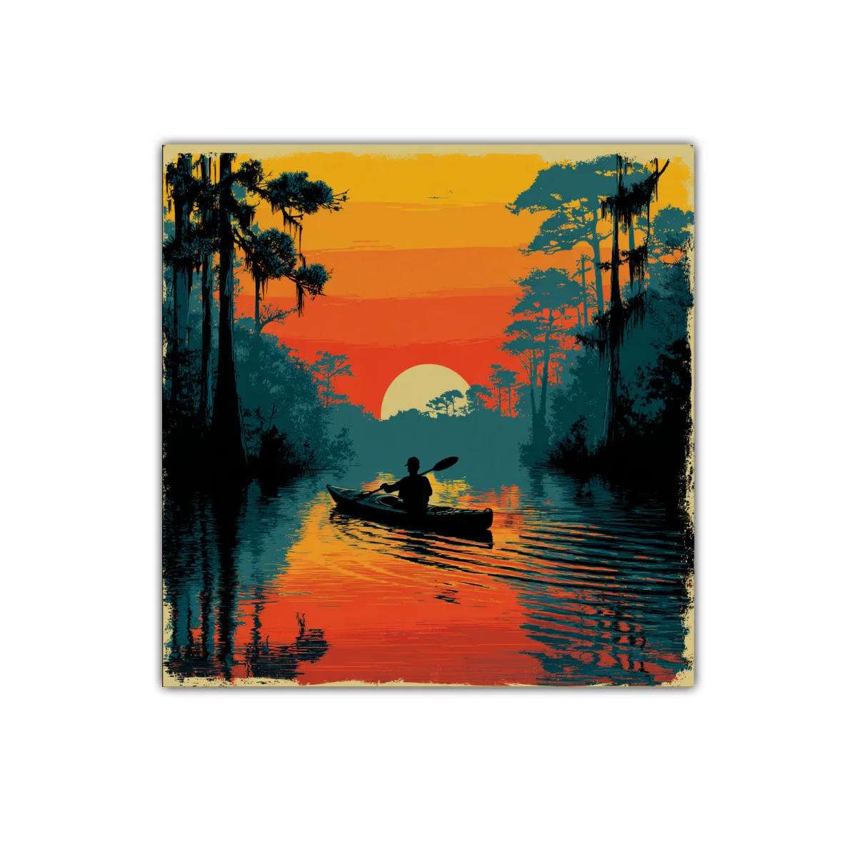 Atardecer sereno con kayak entre árboles y agua reflejada
