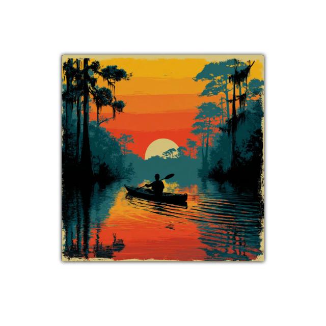 Atardecer sereno con kayak entre árboles y agua reflejada