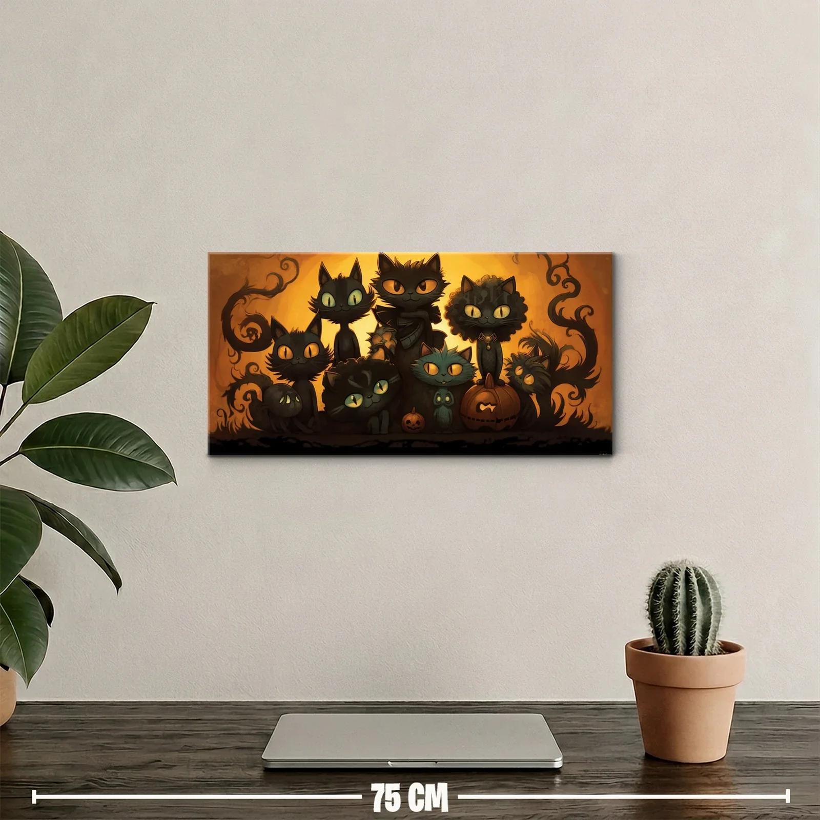 Cuadro grupo de gatos negros de Halloween con calabazas — miniatura 2