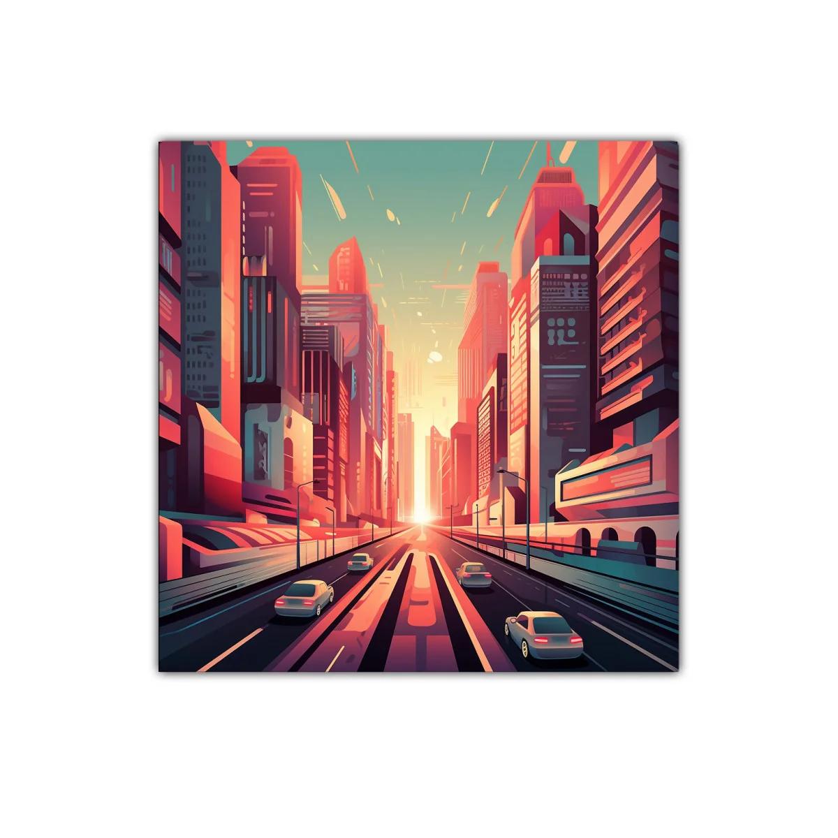 Ciudad futurista al atardecer con tonos cálidos y vibrantes — imagen principal