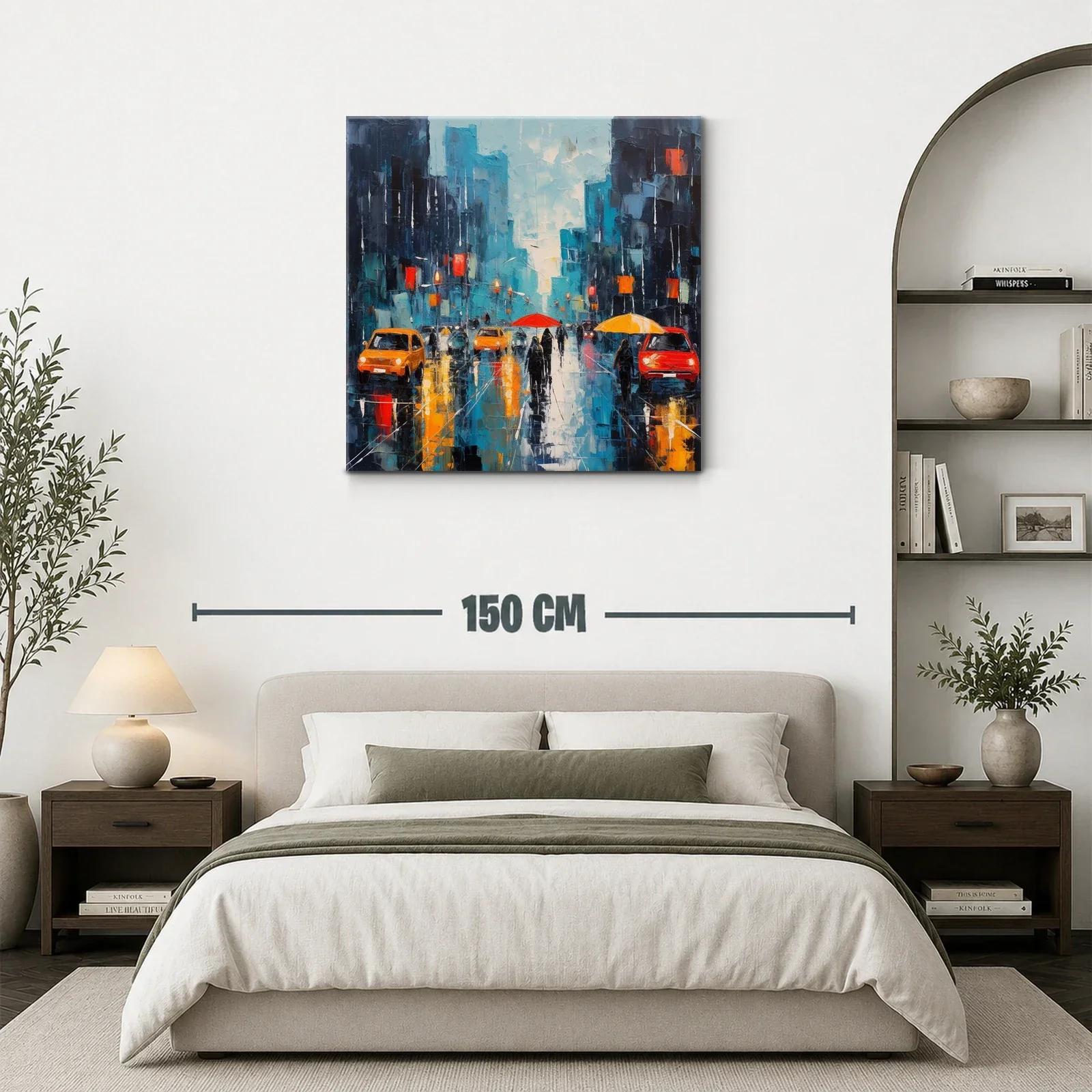 Cuadro urbano con paraguas en tonos vibrantes y contrastes — miniatura 3