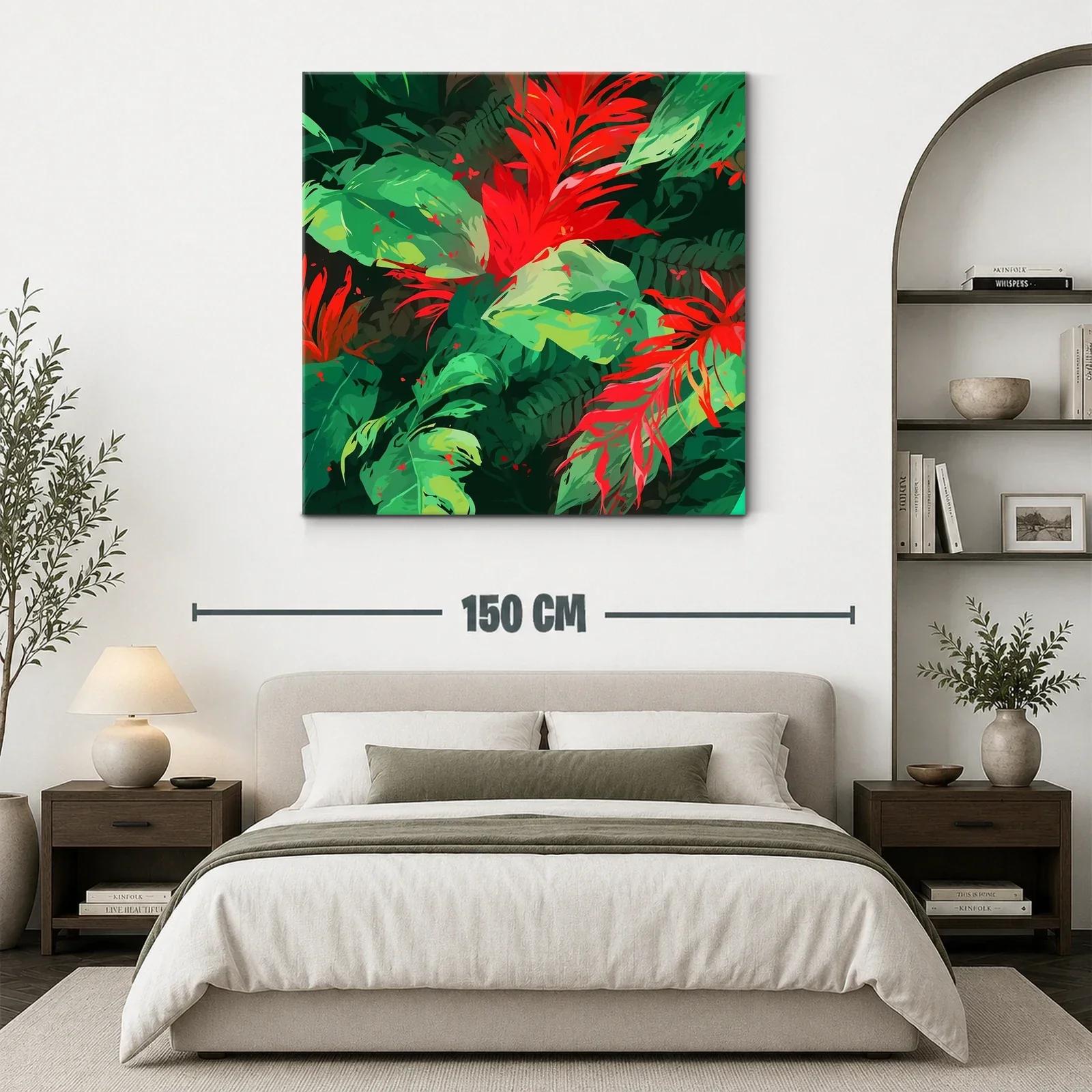 Vibrante cuadro con hojas y flores tropicales rojas y verdes — miniatura 3